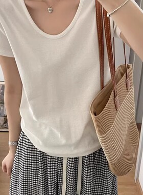 lirose韩系夏季超舒服会呼吸莱赛尔天丝亚麻正肩鹅蛋领短袖T恤