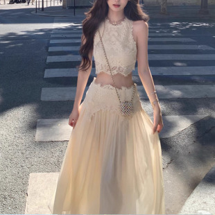 夏季新款卢浮幻境优雅甜美精致睫毛蕾丝上衣 长裙套装女