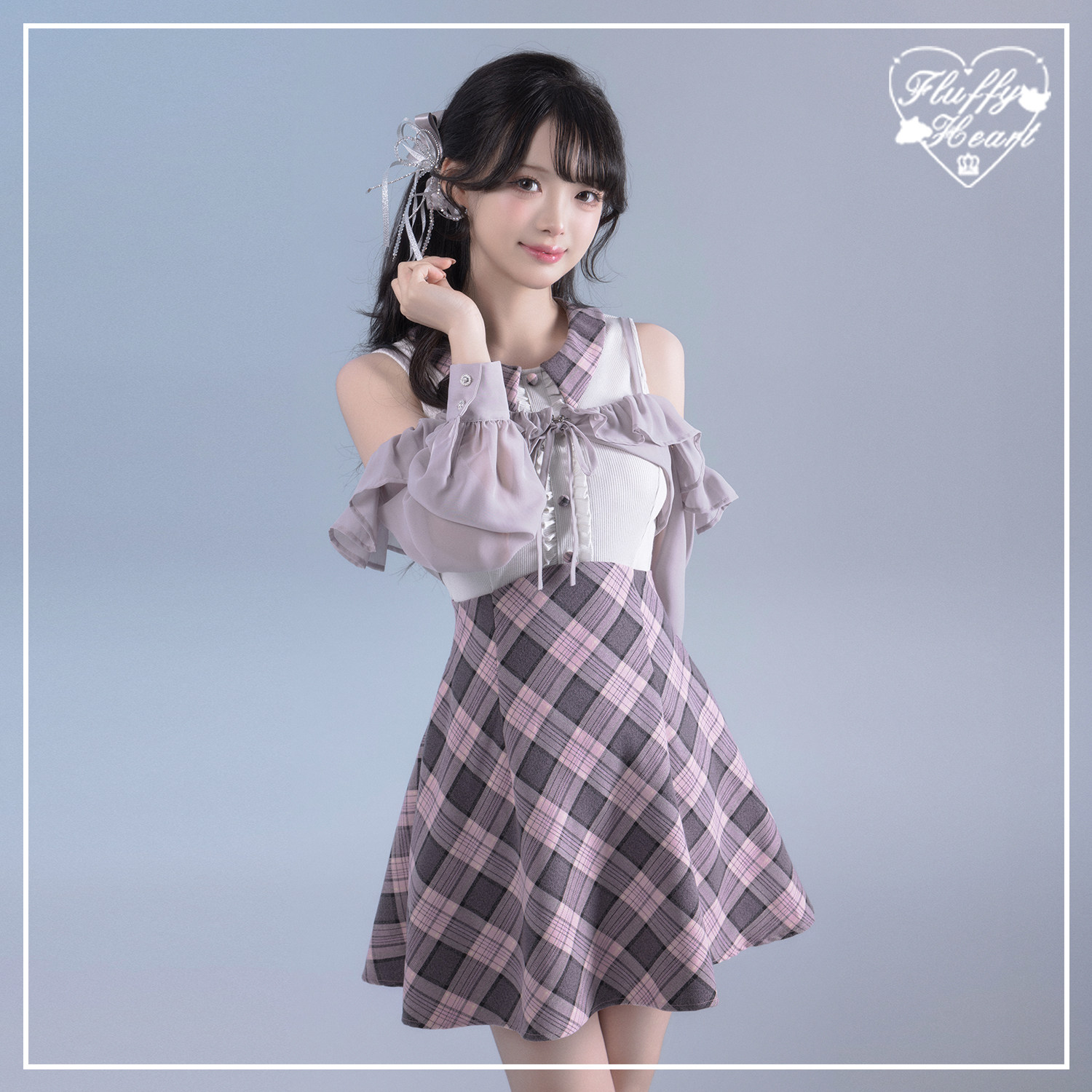 thumbnail for [Fluffy Heart] Girly Plaid Knit Patchwork Sleeveless Dress & Off-Shoulder Outerwear, Three Colors