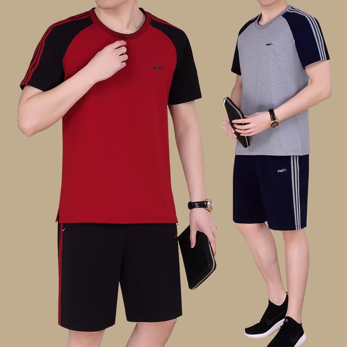 中老年男士夏装短袖短裤运动服套装大码休闲爸爸跑步半袖运动装棉