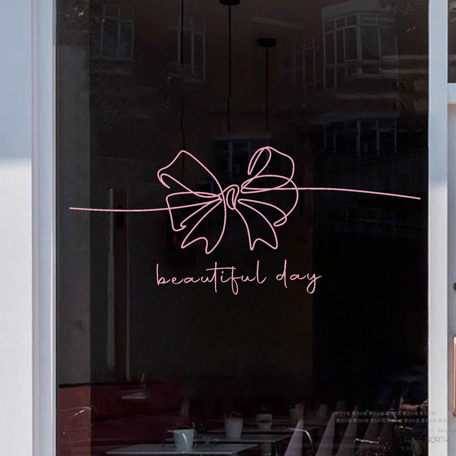 可爱粉色蝴蝶结英文腰线贴纸 玻璃门镜字门柜箱子装饰贴防撞贴纸