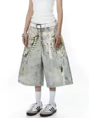 Blacklists American-Style 3D Printed Jewelry Washed Vintage Denim Capri Pants Unisex Design Wide-Leg Shorts