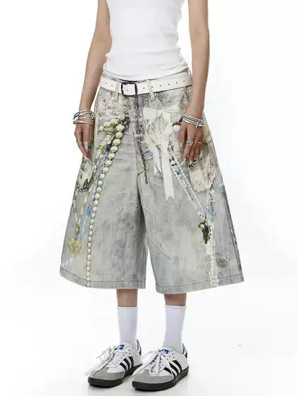 Blacklists American-Style 3D Printed Jewelry Washed Vintage Denim Capri Pants Unisex Design Wide-Leg Shorts
