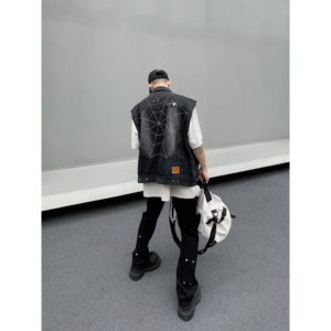 BLACKLISTS美式复古短款牛仔马甲男款夏季潮牌vibe风无袖坎肩外套