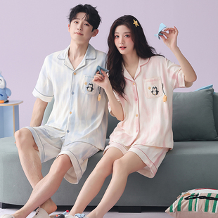 新款 开衫 卡通家居服男士 情侣睡衣女夏季 全棉套装 短裤 薄款 纯棉短袖