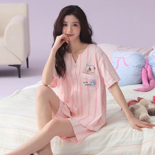 2026新款 卡通可爱风家居服套装 开衫 短裤 短袖 纯棉睡衣女夏季