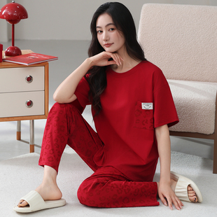 红色睡衣女款夏季纯棉套头短袖长裤2026新款本命年女士家居服