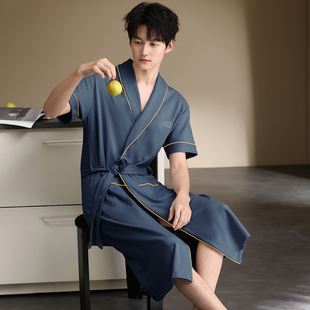 10A纯棉睡袍男款夏季2026新款加大版简约纯色可外穿男士浴袍