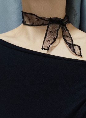 复古蕾丝小丝巾黑色爱心点点细窄颈带女甜美简约气质颈部装饰围巾