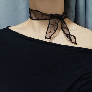 复古蕾丝小丝巾黑色爱心点点细窄颈带女甜美简约气质颈部装饰围巾