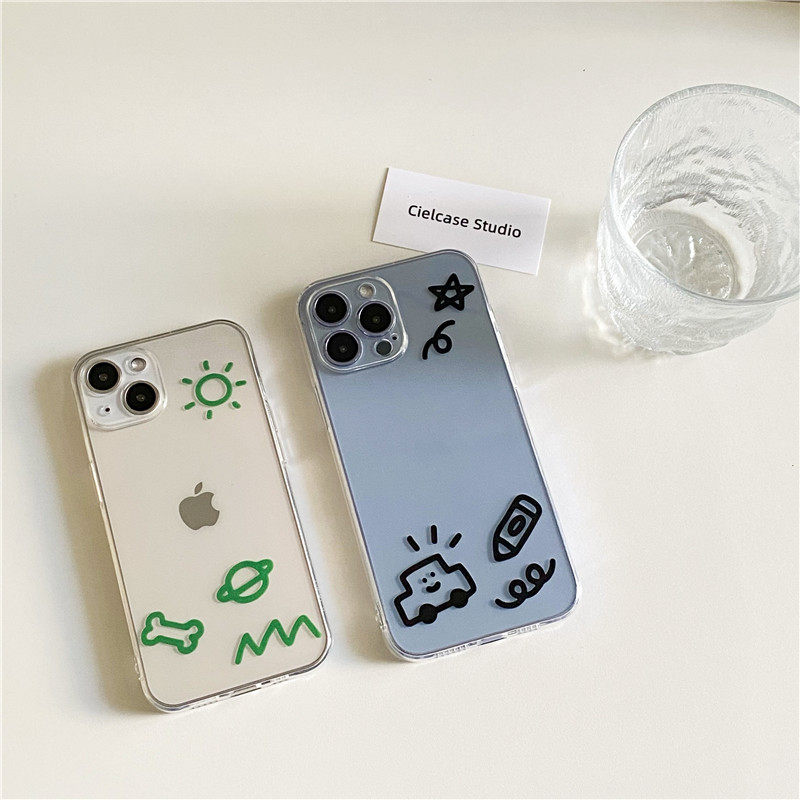 韩风ins简笔画涂鸦适用苹果13手机壳14promax透明12可放照片定制