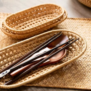 日式天然藤制面包篮点心水果托盘家用餐具刀叉筷勺编织收纳筐藤编