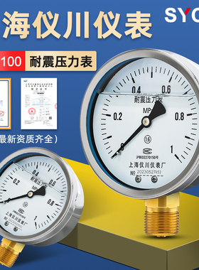 上海仪川仪表厂压力表耐震加氟抗震氮气油表显示器真空负压YN-100