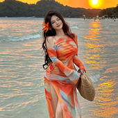 长裙海岛沙滩度假 比基尼分体四件套长袖 2026新款 绝美泳衣女大码