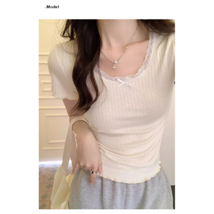 纯欲甜辣妹蓝色蕾丝bm短袖T恤女2025新款夏季修身显瘦内搭上衣