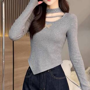 设计感小香风法式 不规则长袖 显瘦大码 T恤女春秋冬季 上衣女 打底衫