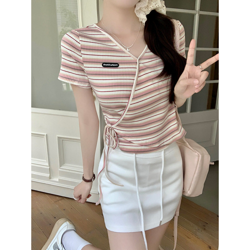 条纹上衣夏季新款修身创意绑带时尚显瘦辣妹甜美百搭T恤短袖