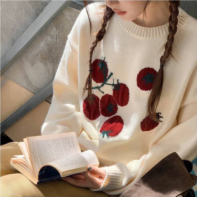 软糯番茄提花套头针织衫女秋冬慵懒外穿宽松休闲长袖圆领毛衣上衣