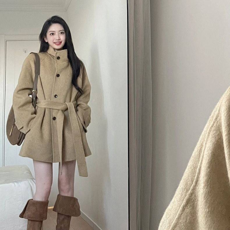 卡其色呢子大衣女2025春秋新款高级感小个子韩系气质秋冬毛呢外套