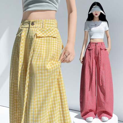 红色格子阔腿休闲裤女2025夏季薄款撞色高腰设计感宽松显瘦直筒裤