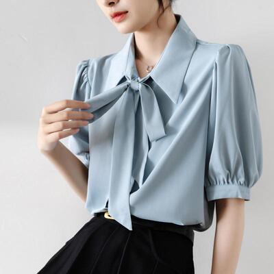 蓝色蝴蝶结衬衫女装2025新款职业套装内搭正装上衣夏雪纺衬衣