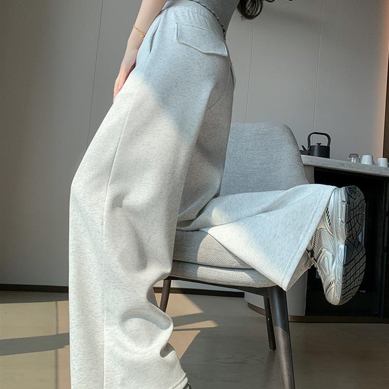 白灰色直筒运动裤女2025春秋款高腰垂感薄款小个子休闲阔腿卫裤