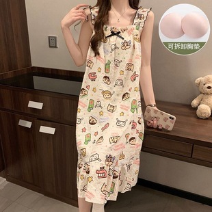 家居服睡衣 睡裙新款 胸垫ins夏季 无袖 夏天吊带睡裙甜美可爱薄款