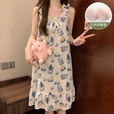 夏季带胸垫可拆卸吊带睡裙薄款甜美仙女风梭织泡泡棉可外穿
