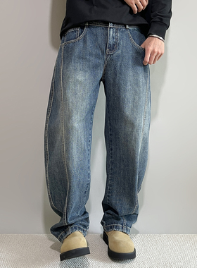 FPASCA秋2025新款中线拼接弯刀裤潮流廓形复古美式休闲阔腿牛仔裤