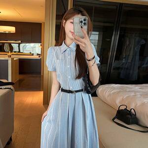 优雅格子修身大裙摆连衣裙