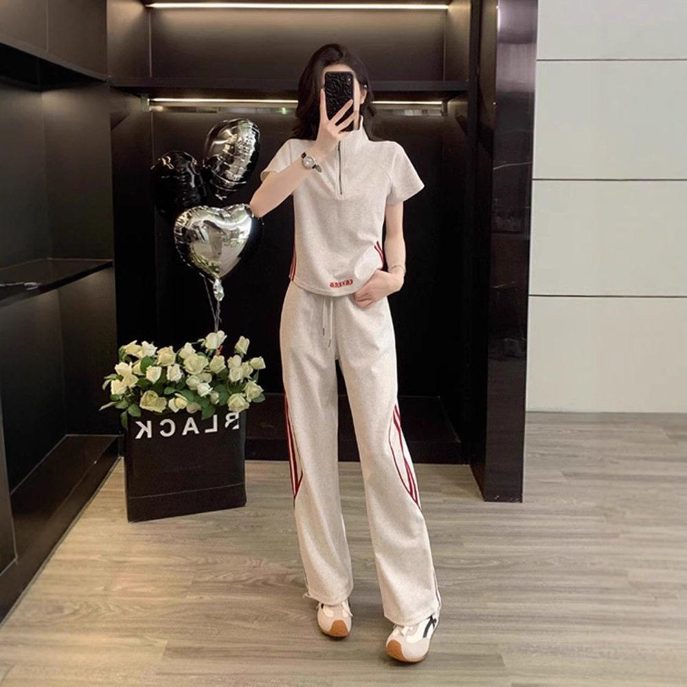 休闲运动套装女2025年新款减龄显瘦短袖上衣阔腿裤夏装搭配一整套