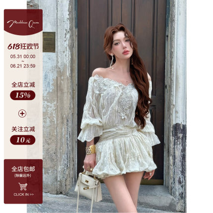 孙瑜儿【缪斯之语】法式蕾丝泡泡袖夏日绝美连衣裙 收腰白色短裙