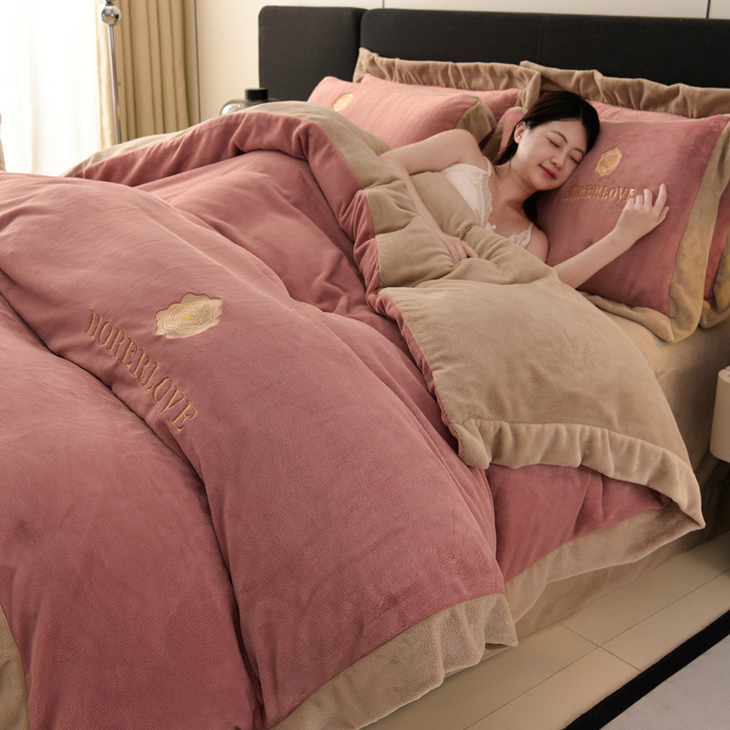 A类高档秋冬新款婴儿绒四件套牛奶绒轻奢刺绣加厚双面保暖珊瑚绒4