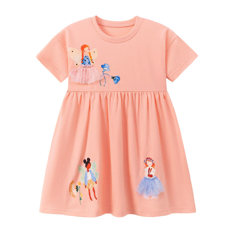 女童圆领甜美短袖连衣裙女宝宝夏季T恤中长裙棉质童装儿童公主裙