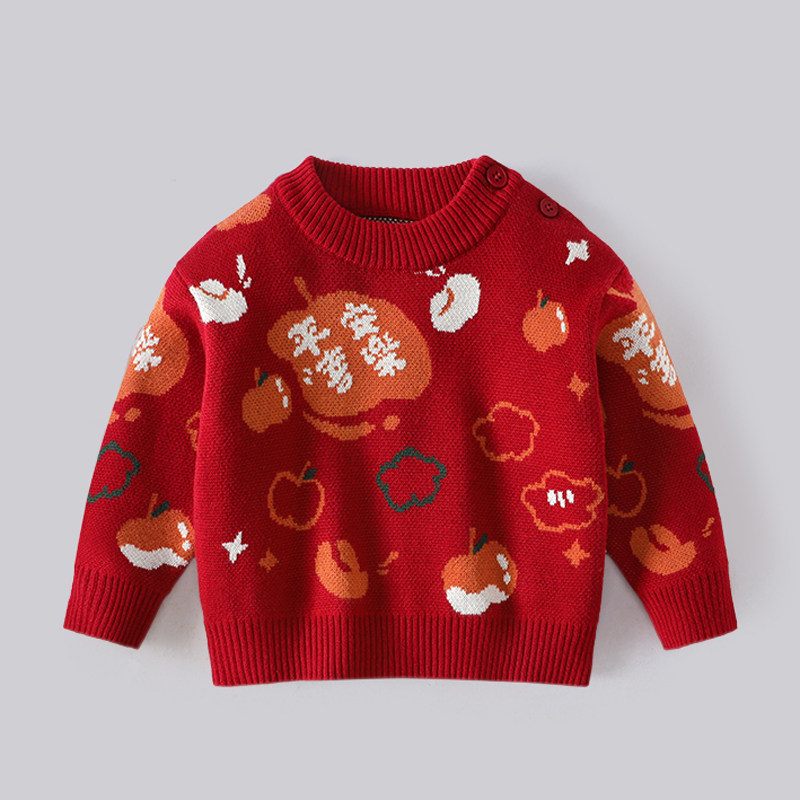 女童平安喜乐新年毛衣男童半高领加厚针织衫宝宝秋冬装套头衫喜庆