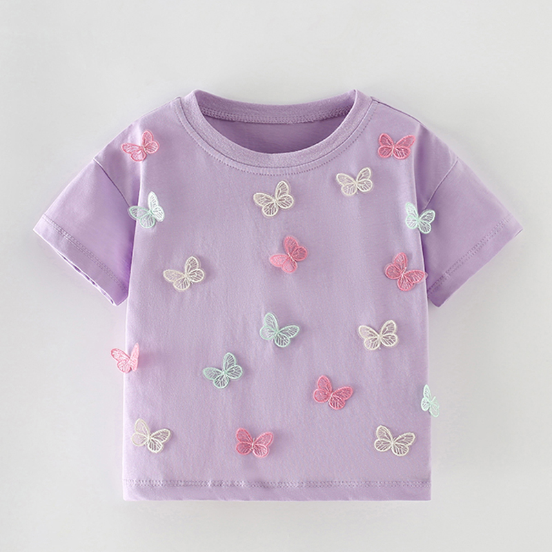 女童纯棉圆领短袖T恤宝宝蝴蝶上衣儿童夏装中小童紫色半袖体恤衫8
