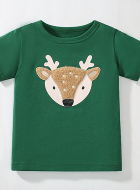 25新款夏装男童绿色短袖T恤宝宝纯棉小鹿上衣儿童半袖卡通打底衫5