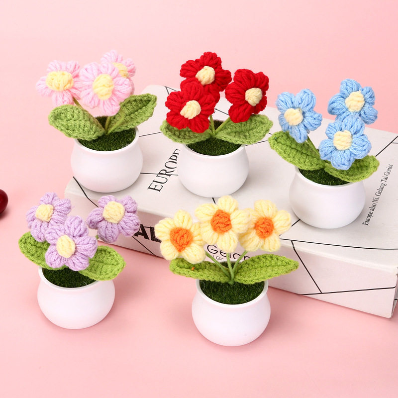 念手工欧美泡芙花向日葵花小盆栽教师节礼物家居摆件钩织盆栽摆件