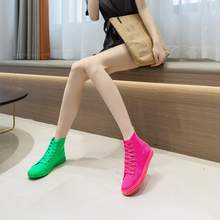 2025新款夏季弹力糖果紫色百搭平底休闲高帮鞋女式圆头玫红帆布鞋