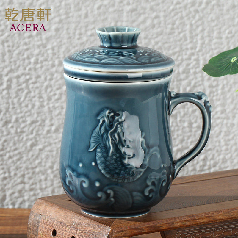 乾唐轩活瓷杯鱼跃龙门三件套套装漏茶随身杯成人创意家用水杯