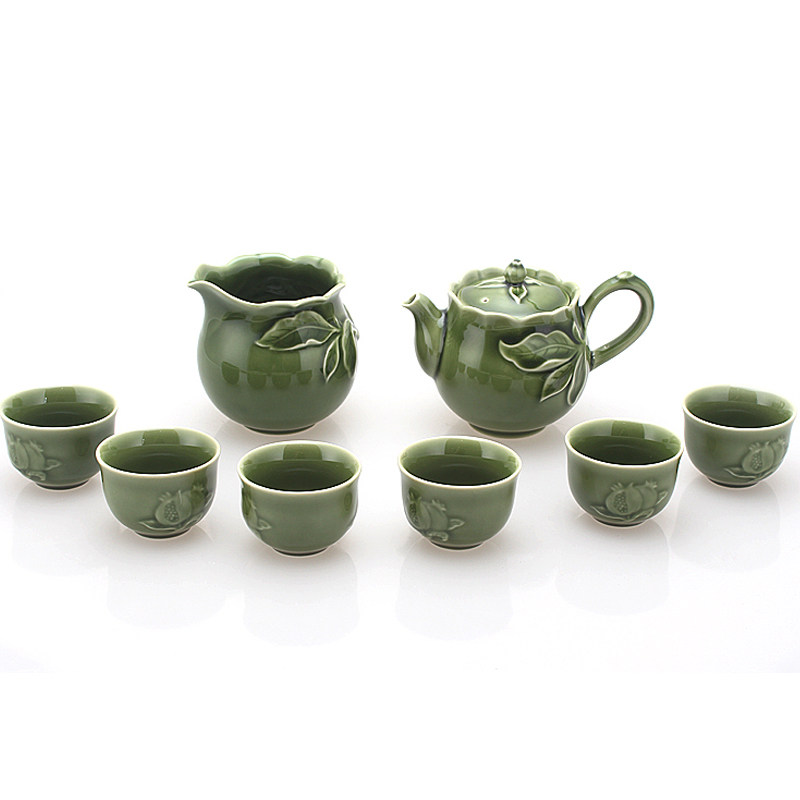 乾唐轩活瓷杯新石榴绿釉茶具茶杯1壶6杯茶海套装礼盒现货