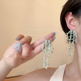 夸张薄荷绿水晶藤蔓长款流苏耳钉女夸张个性显瘦时尚百搭耳环耳饰