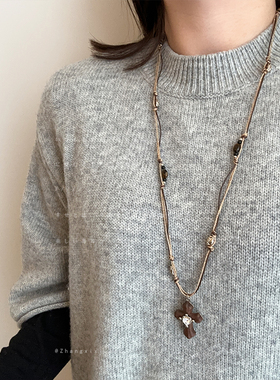 木质十字架锆石爱心编绳抽拉项链女高级感复古轻奢时尚颈链毛衣链