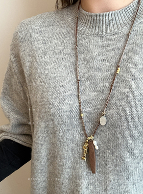复古新中式小鱼木棍珍珠吊坠编绳抽拉长款项链女时尚潮流挂脖配饰