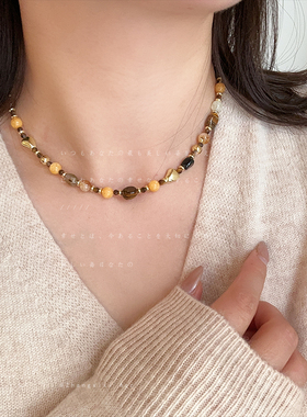 彩色天然石虎眼石串珠项链女轻奢复古百搭时尚潮流气质颈链毛衣链