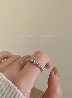 珍珠锆石螺纹开口戒指女小众高级感气质独特精致时尚百搭指环戒子