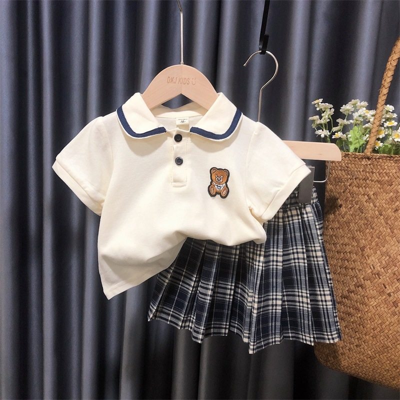 thumbnail for Baby girl preppy style suit 2023 summer new 1 child versatile top foreign style girl 2 child Korean version two-piece set