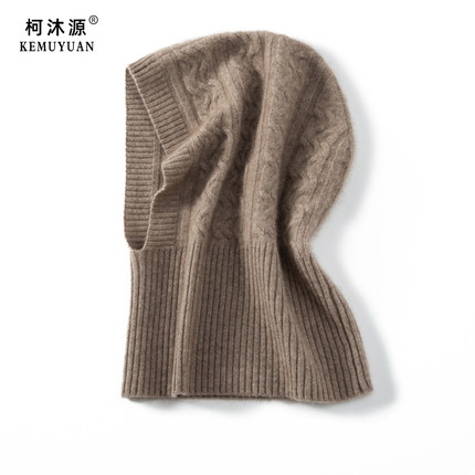 新款100%山羊绒帽脖套秋冬保暖加厚百搭多功能针织护耳围脖一体帽