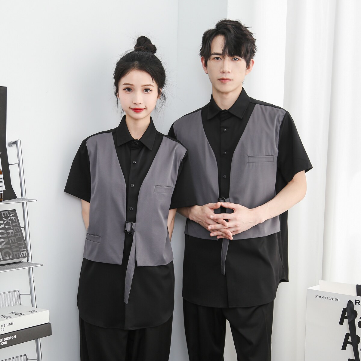 714-H3012P55控79/2025夏季宽松假两件拼接工作服衬衫发型师衬衣,男装衬衫,星座714(原C313)