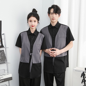 714-H3012P55控79/2025夏季宽松假两件拼接工作服衬衫发型师衬衣图片